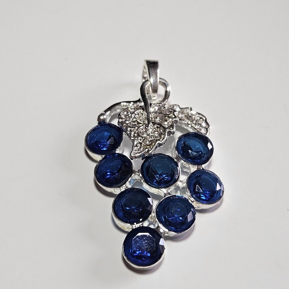 Sterling Silver Blue Rhinestones Grape Bunch Pendant Clear Accents